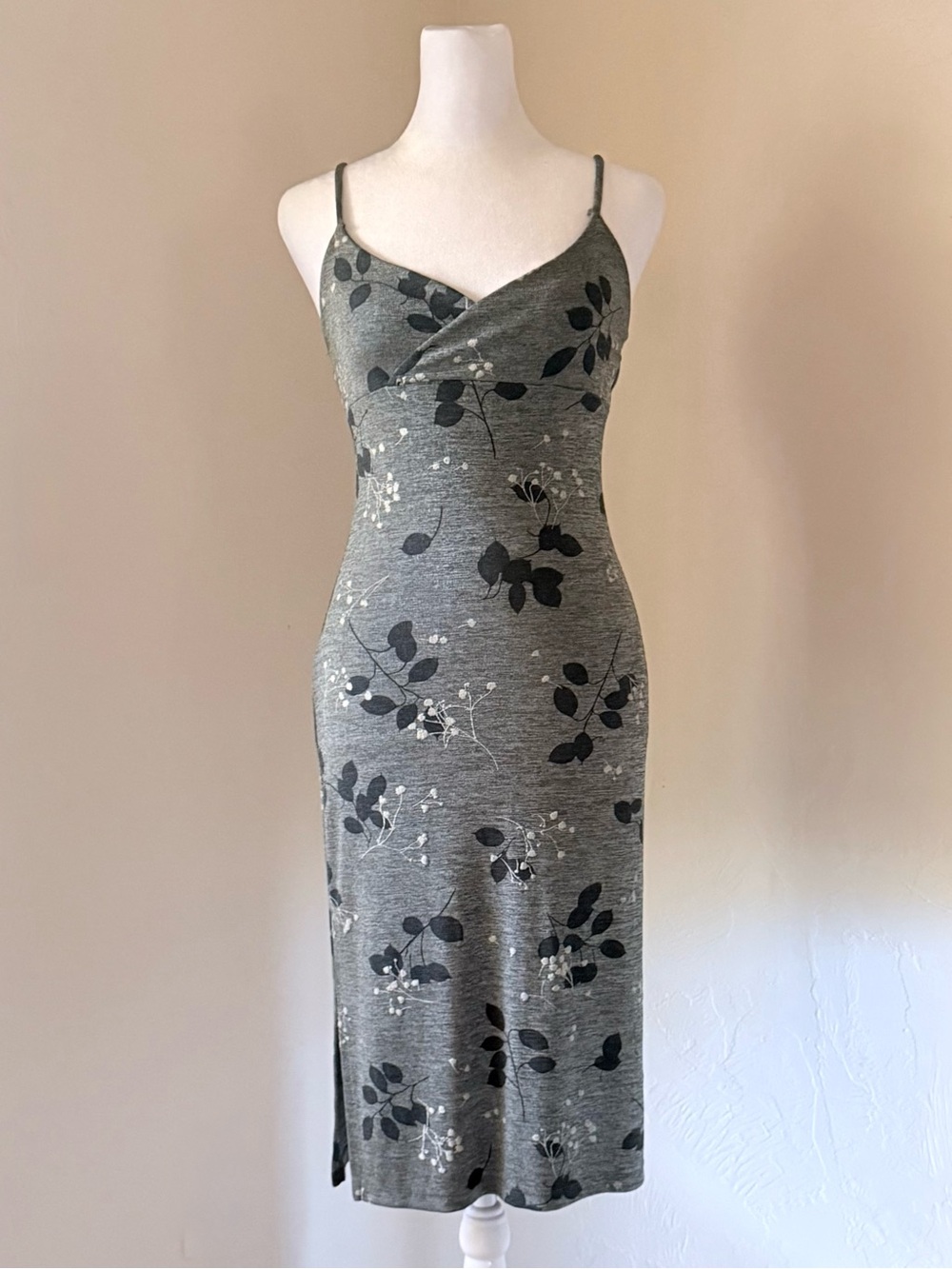 Arden B. Y2K Vintage Gray Floral Midi Surplice Stretch Slip Dress XS